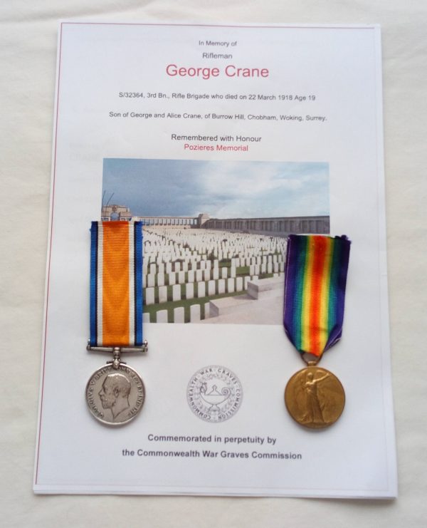 WWI War, Vict. Pr. to Pte. G. Crane Rifle Brigade K.I.A.