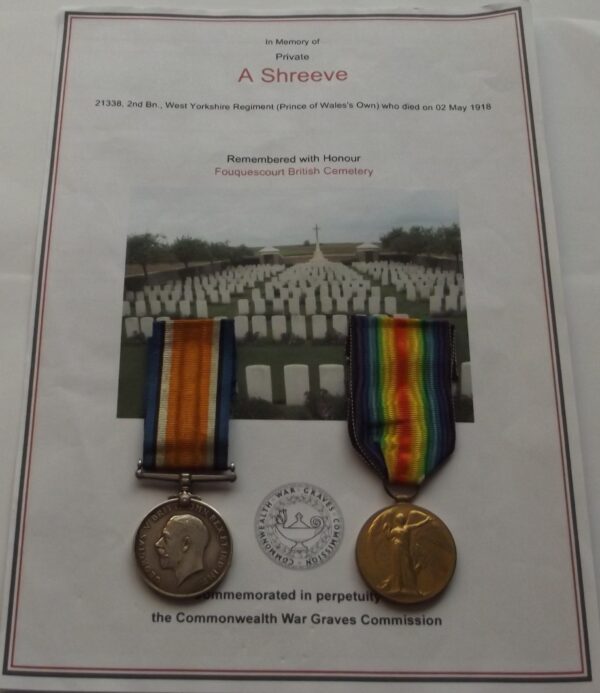 War, Vict. Pr. 21338 Pte. A. Shreeve West Yorks Regt. D.O.W. 02/05/1918