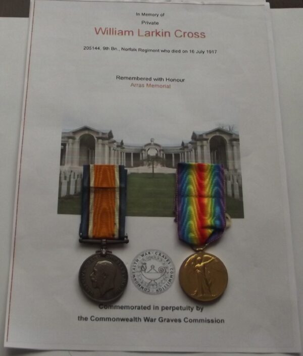 Wwi War And Vict Pr Pte W L Cross Norfolk Regt